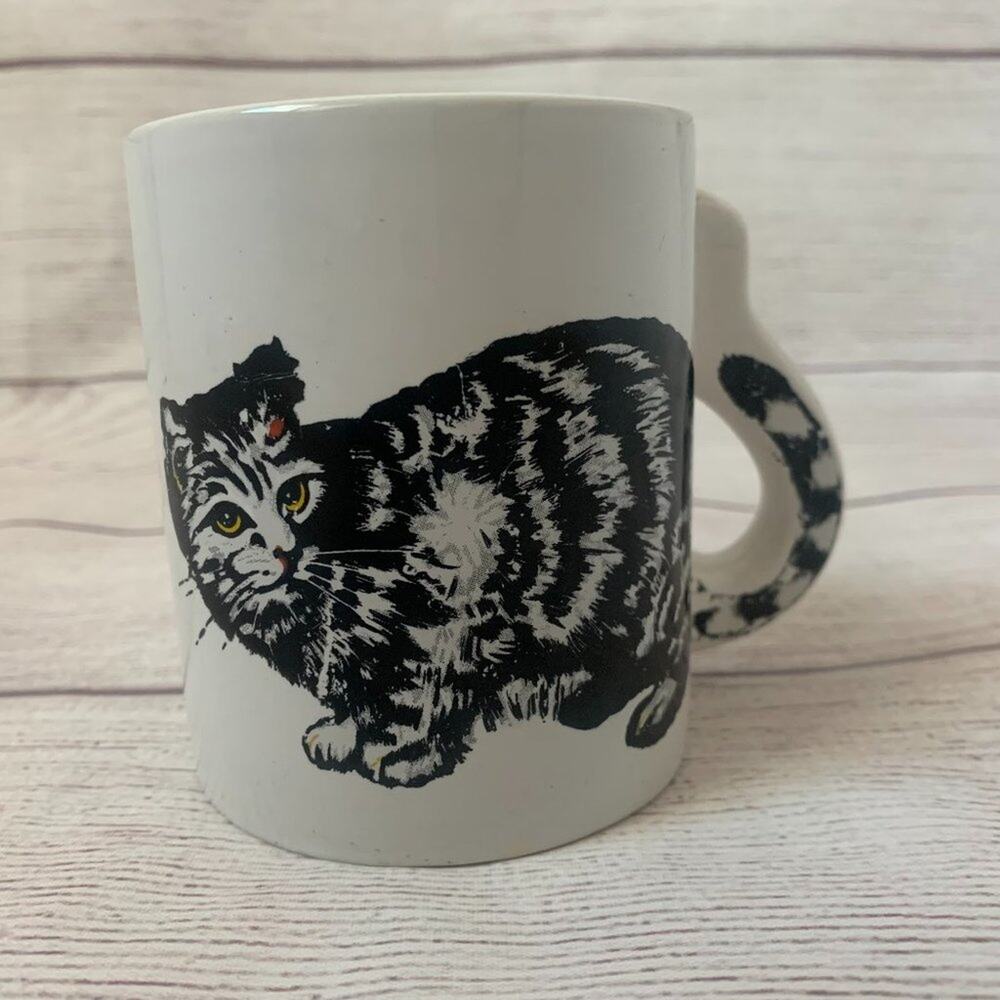 Vintage Cat Mug with Tail on Handle Black and Gray Tabby Coffee Tea Mug